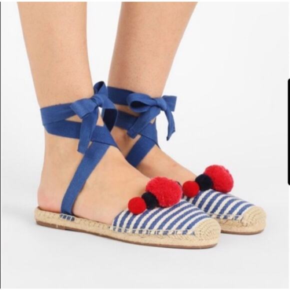 J. Crew Women's Blue Red Striped Ankle Wrap Pom Pom Espadrille Flats NIB Size 9 - Picture 1 of 9